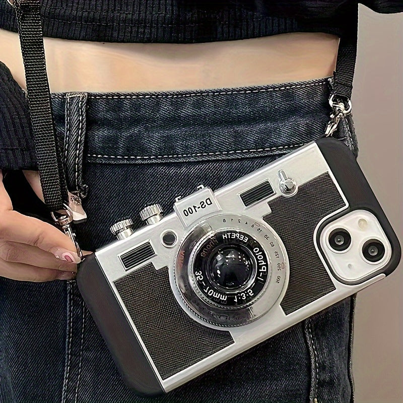 Retro 3D Camera Phone Case with Crossbody Strap for Apple iPhone 11-16 Soft Shell Protective Cover
