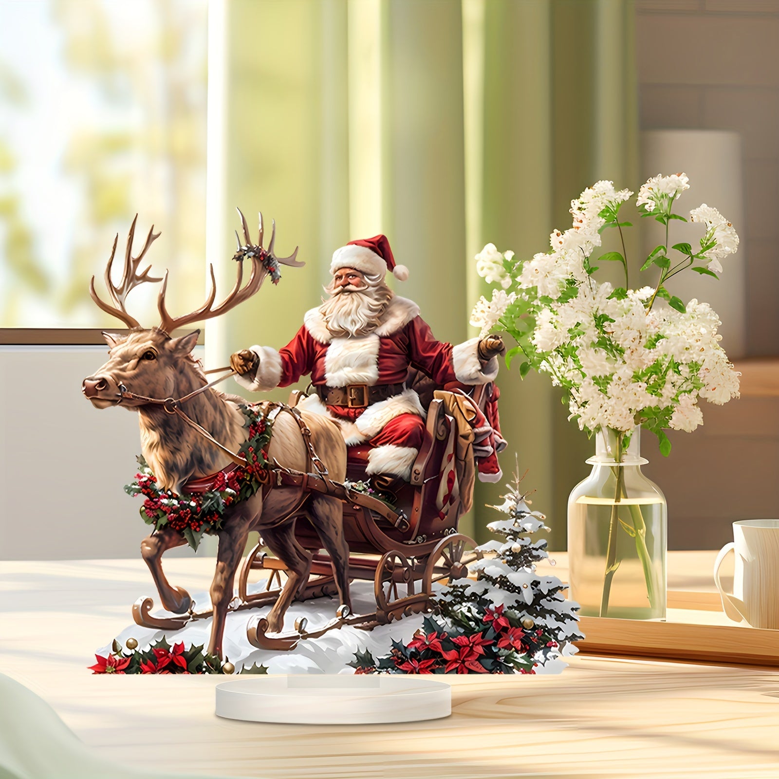Acrylic Santa with Reindeer Sleigh Holiday Decor Sign for Home and Office 1 Pack