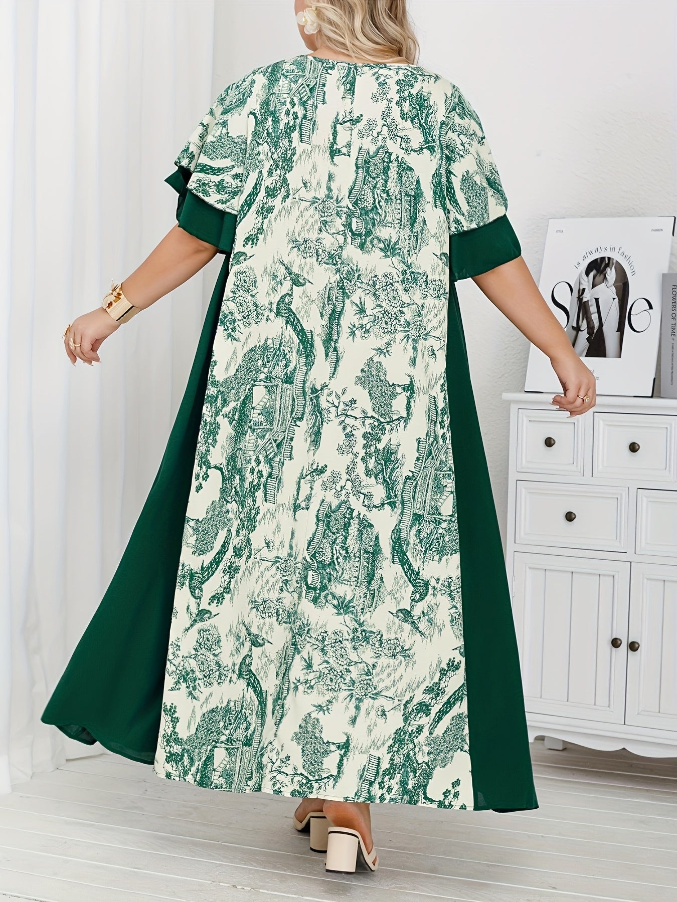 Plus Size Middle Eastern Style Loose Dress With Contrasting Patchwork Print