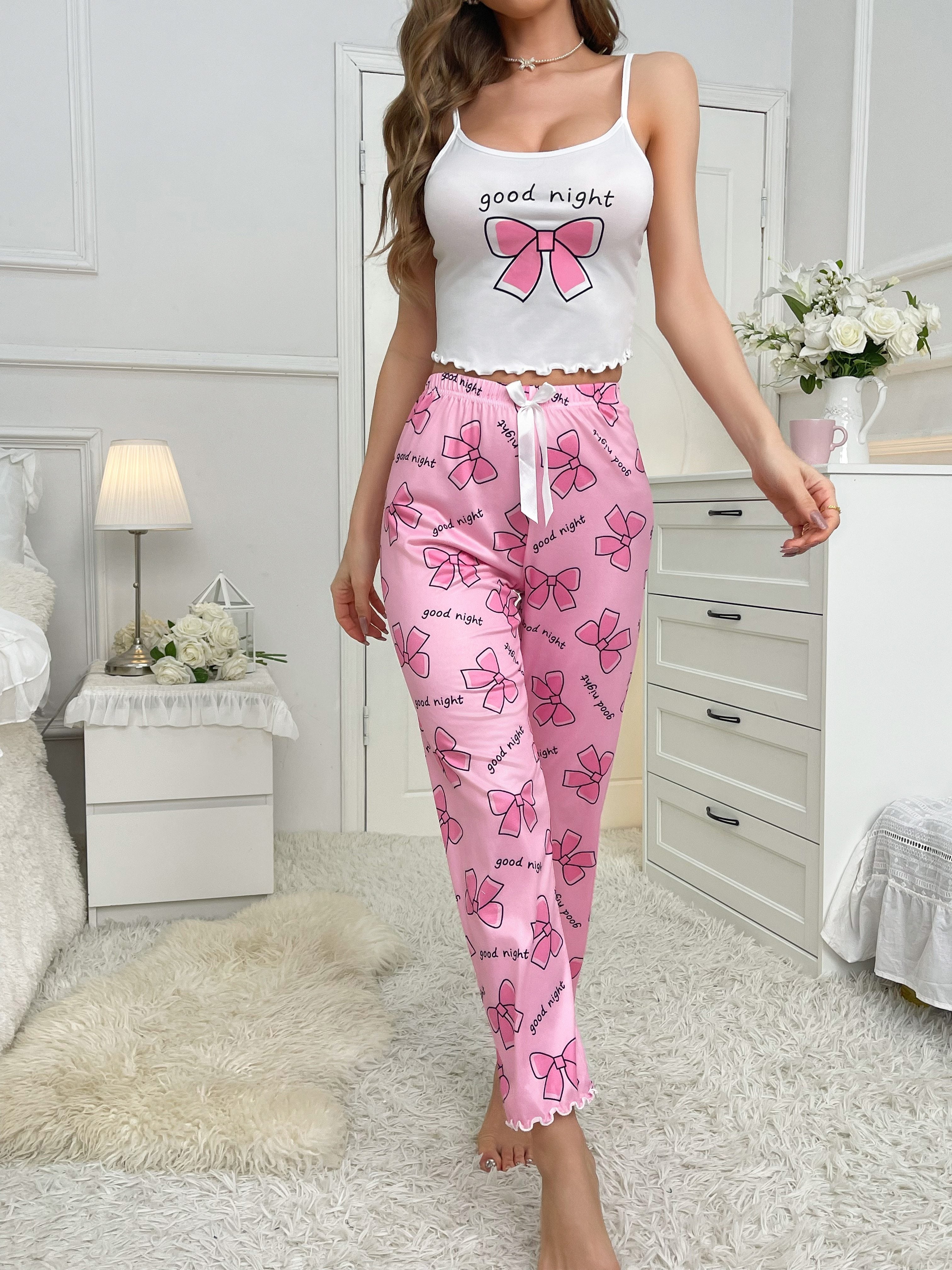 Women's Pajama Set with Bow Tie Letter Print Crop Cami Top and Lettuce Trim Pants