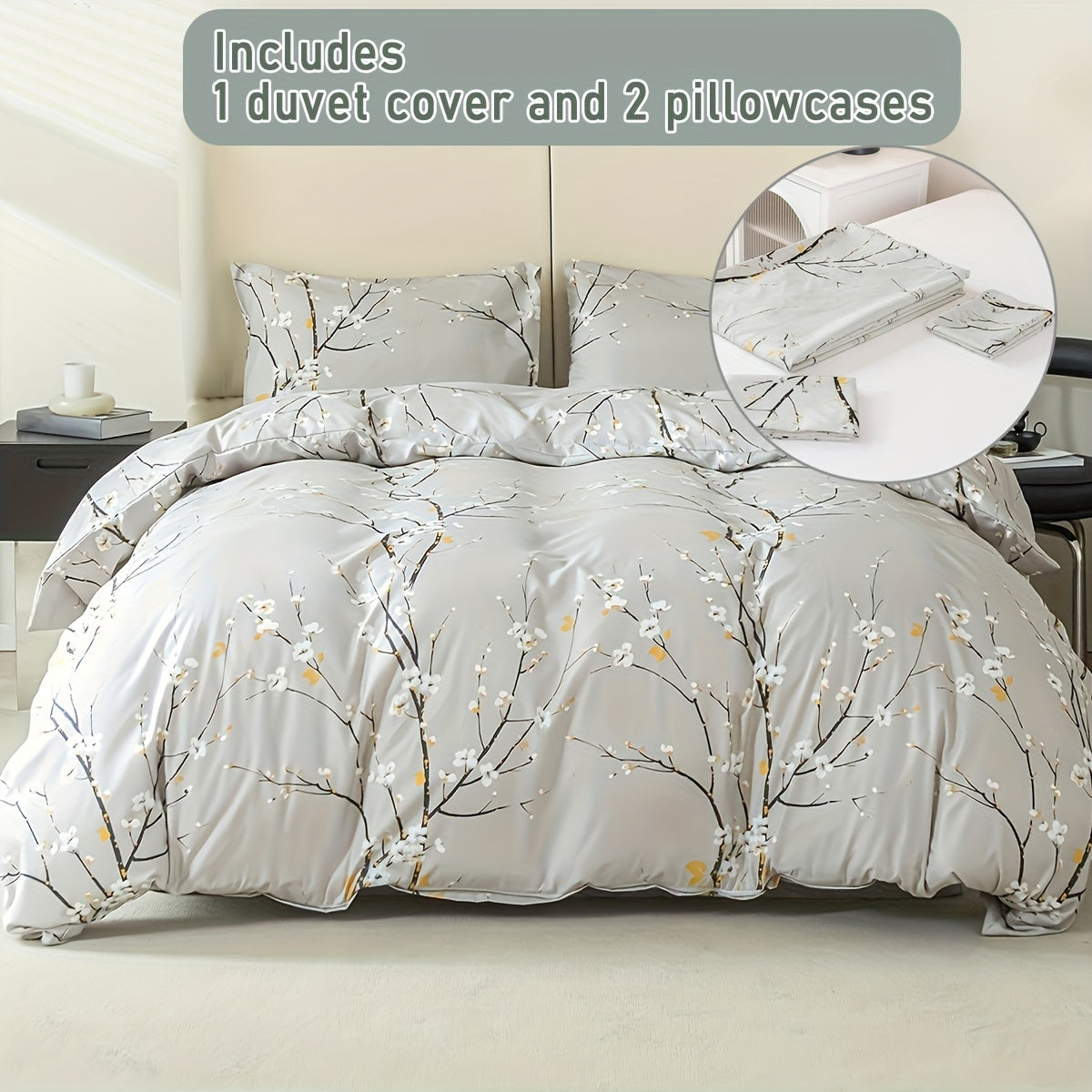 Flower Print Duvet Cover Set with Pillowcases Soft Bedding for Bedroom or Guest Room
