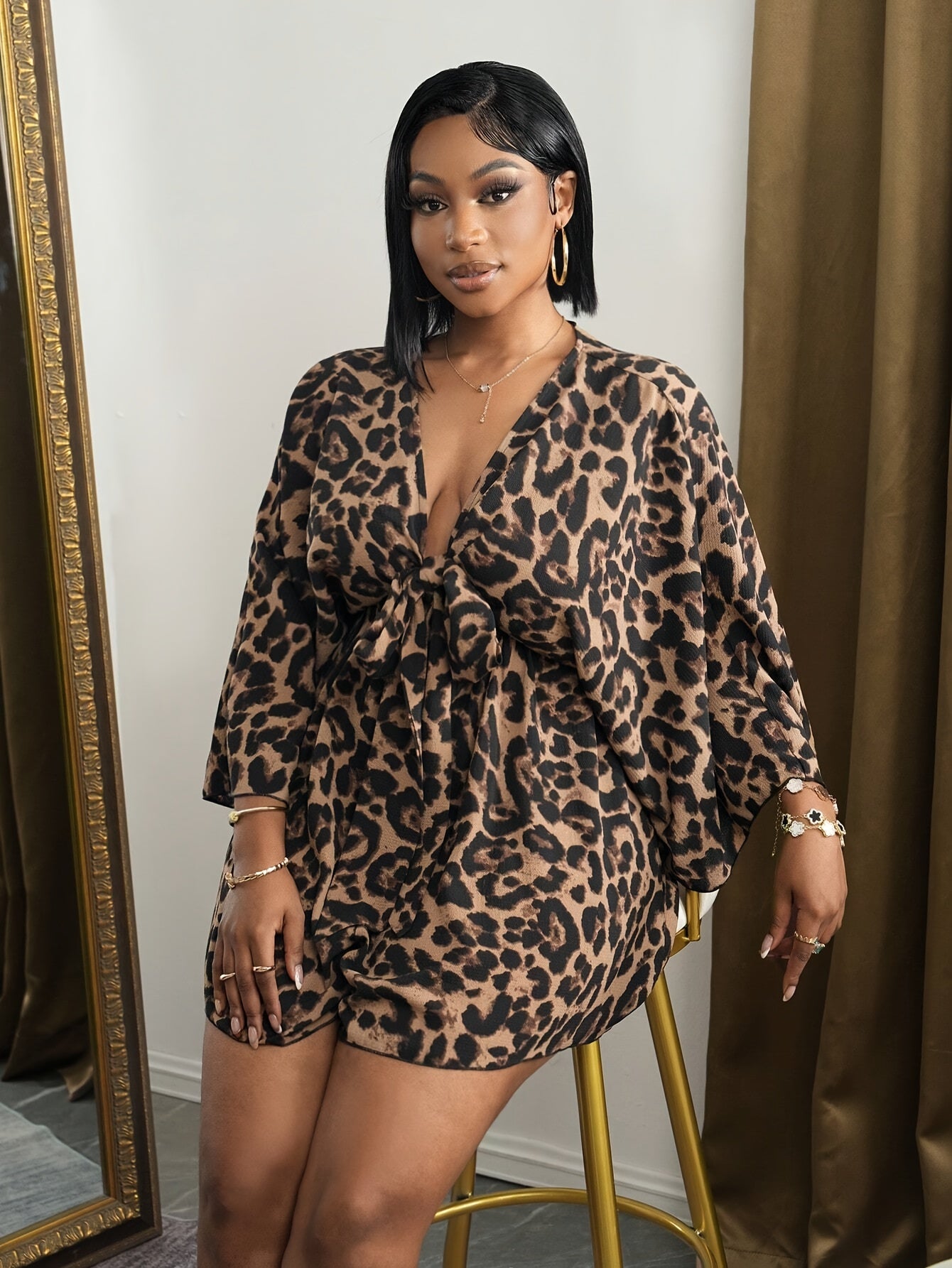 Plus Size Women's Leopard Print V-Neck Tie-Front Jumpsuit Casual Summer Wide-Leg