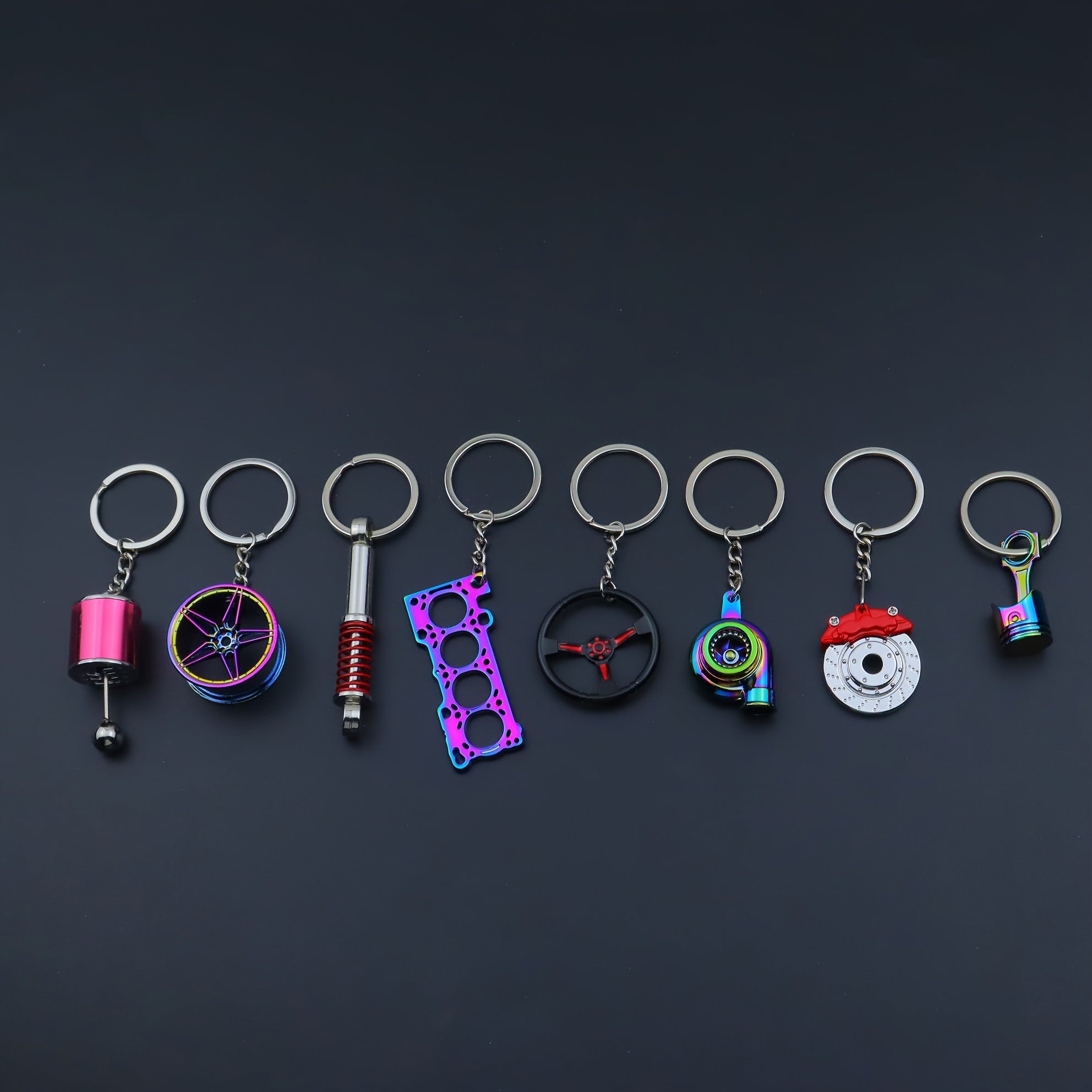 Car Enthusiast Keychain Set - 8 Black Zinc Alloy Engine Component Keychains