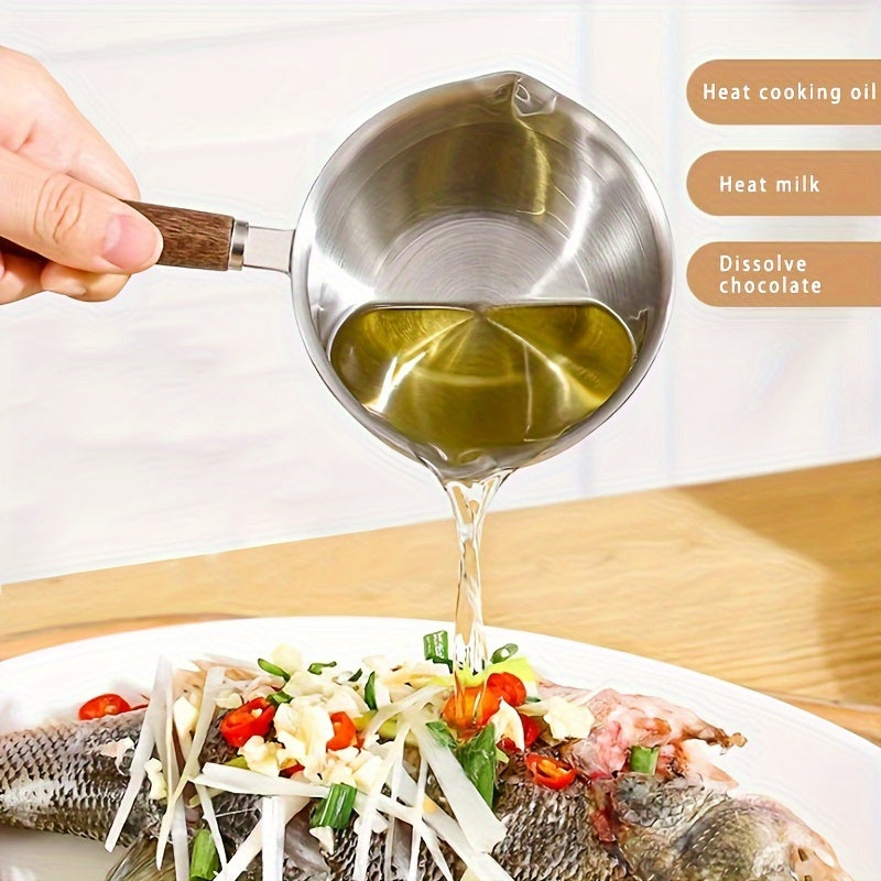 Cazo de acero inoxidable con mango de madera para cocinar y calentar