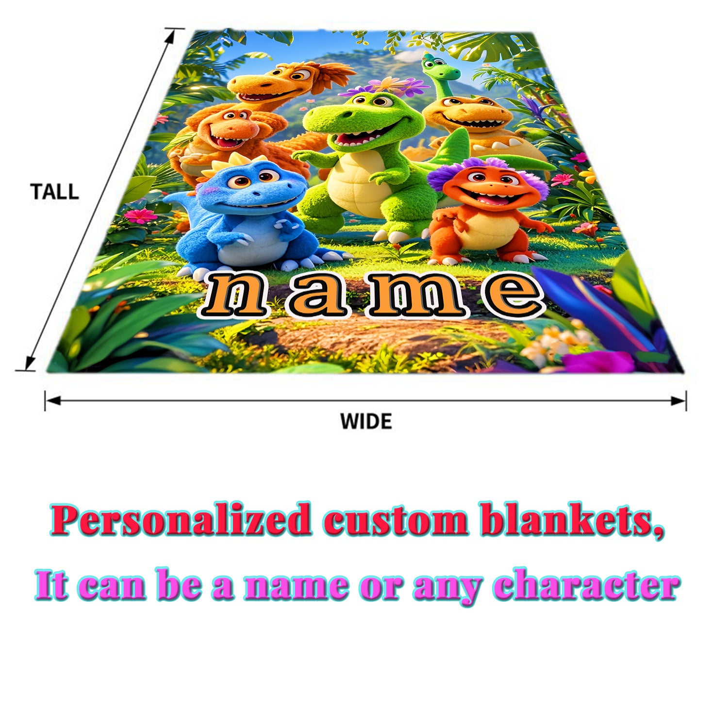 Personalized Fleece Blanket with Custom Name and Cartoon Dinosaur Print Lightweight Flannel Throw for Sofa Bed Travel Living Room Office