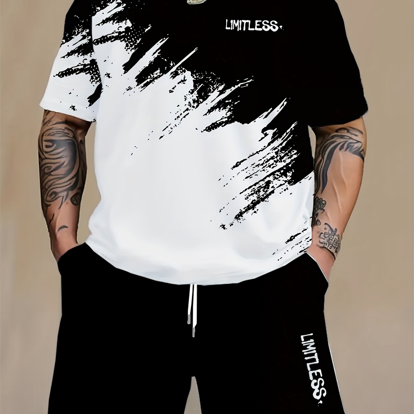 Plus Size Men's Geometric Pattern Sweatsuit Set Polyester Knit Casual Lounge Wear