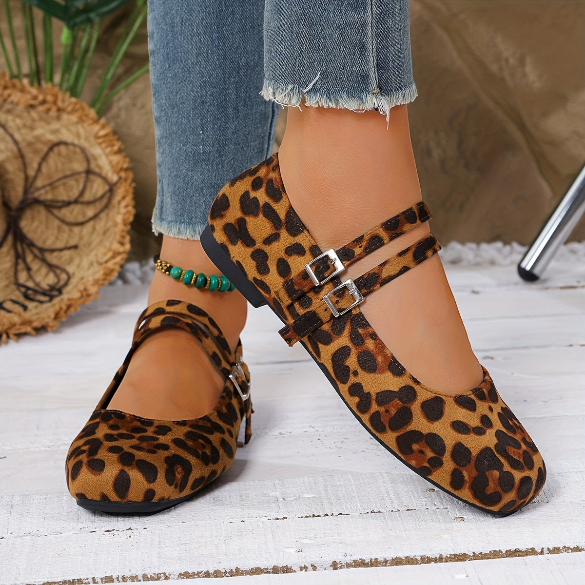 Women’s Leopard Print Mary Jane Flats Casual Slip-On Breathable Fabric