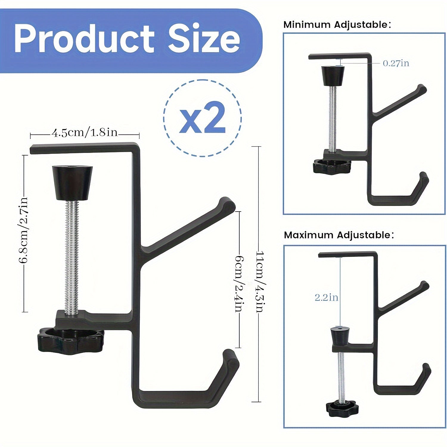 Two Pieces Under Desk Hooks for Backpacks, Portable, Fits 1.02-4.98cm Surfaces
