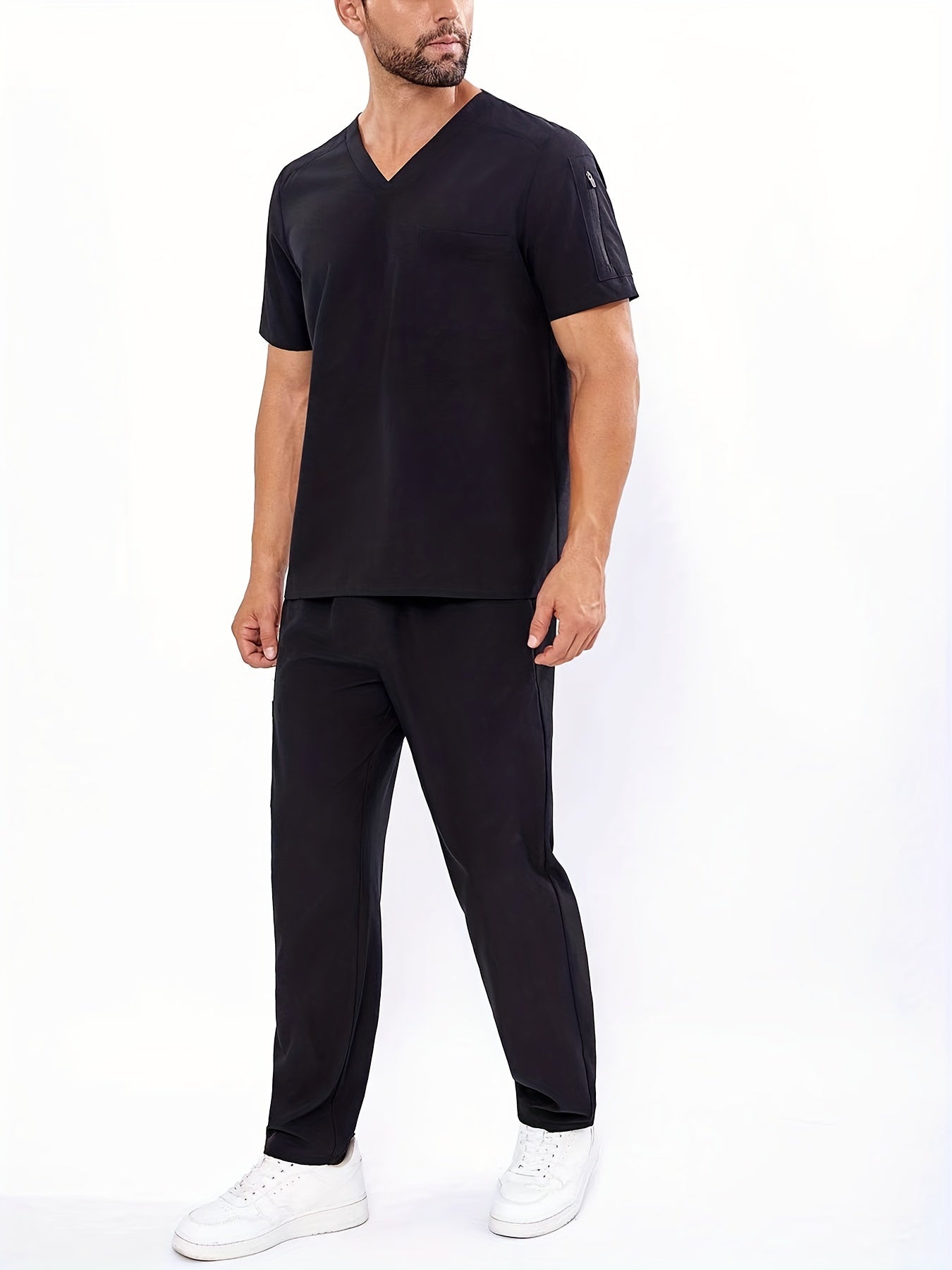 Men's Summer V-Neck Work Shirt and Pants Set Solid Color Short Sleeve Polyester Elastane