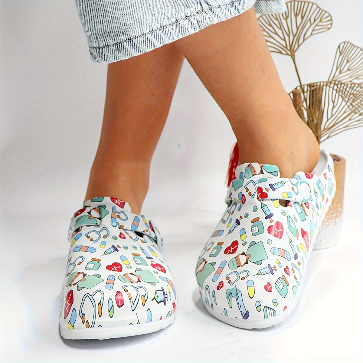 Women's Floral Print Mary Jane Slip-On Nurse Lab Shoes Non-Slip EVA