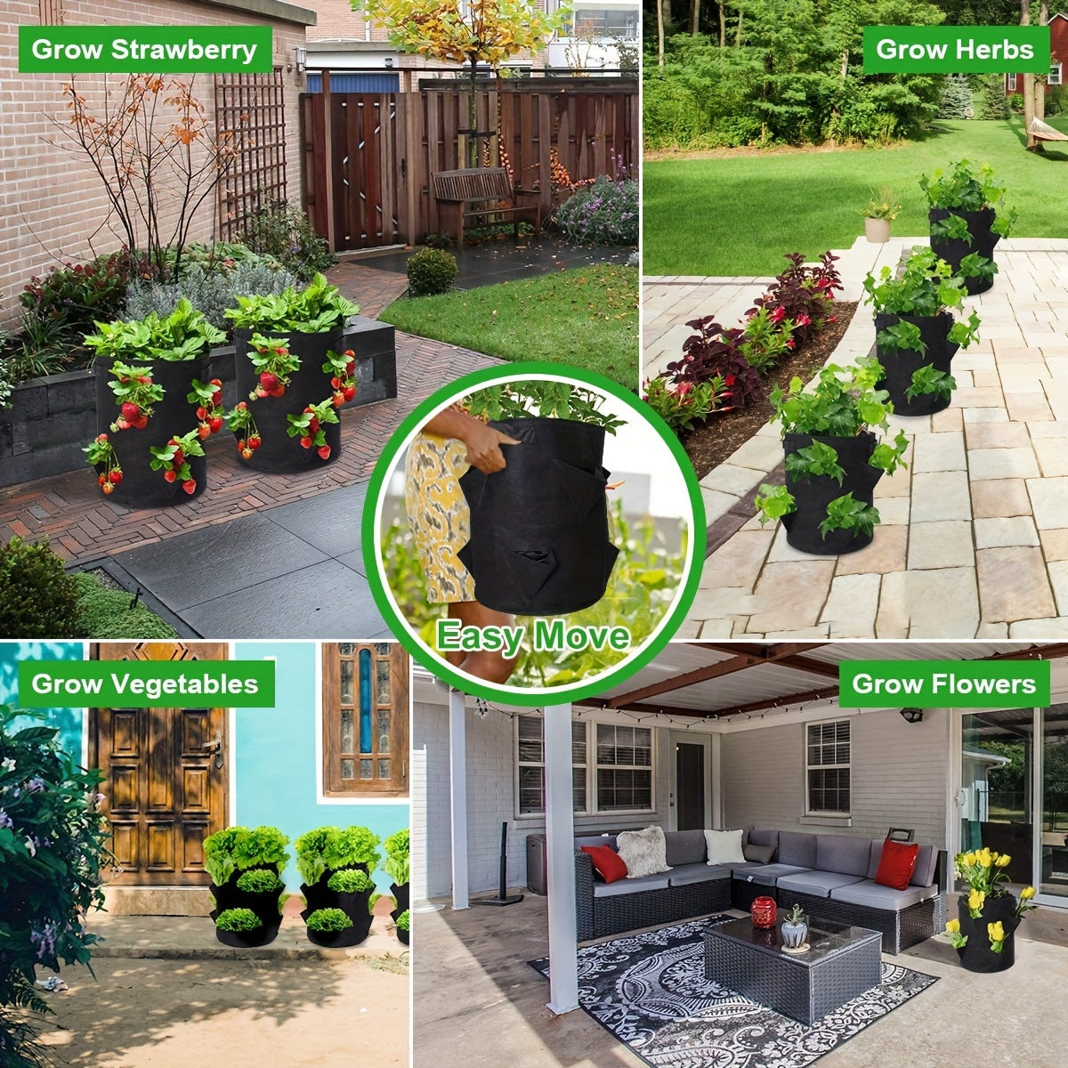 Set of 2 37.85L Strawberry Planting Bags with Window and Handle for Indoor Outdoor Gardening