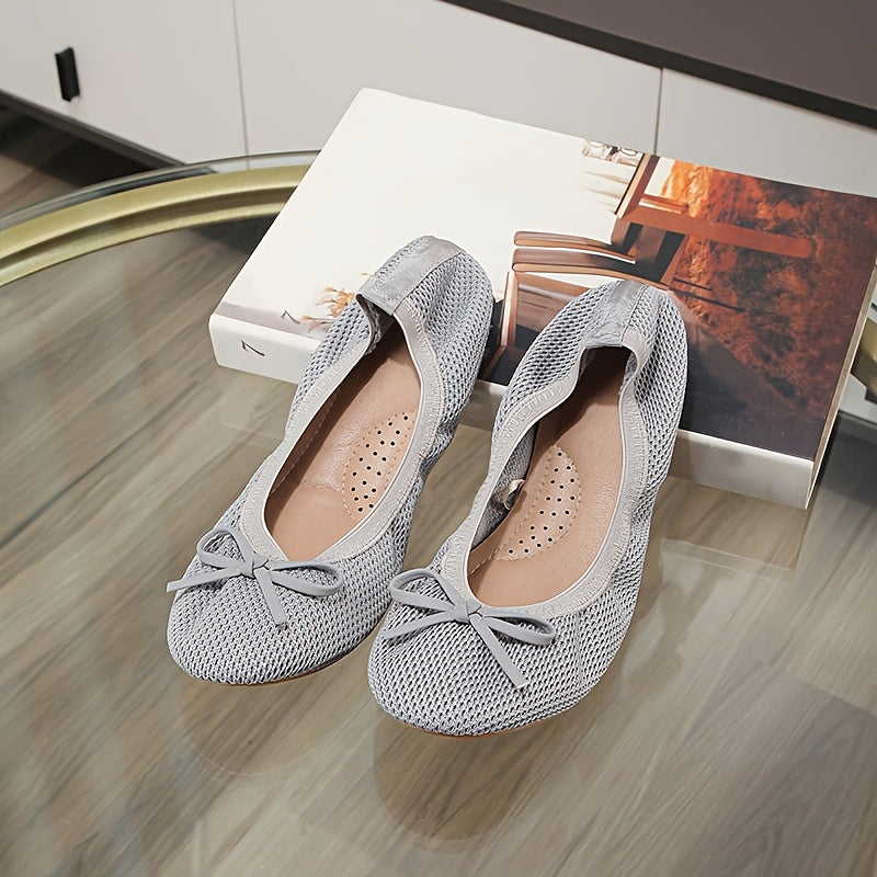 Bailarinas de punto transpirables para mujer con lazo, zapatos casuales sin cordones