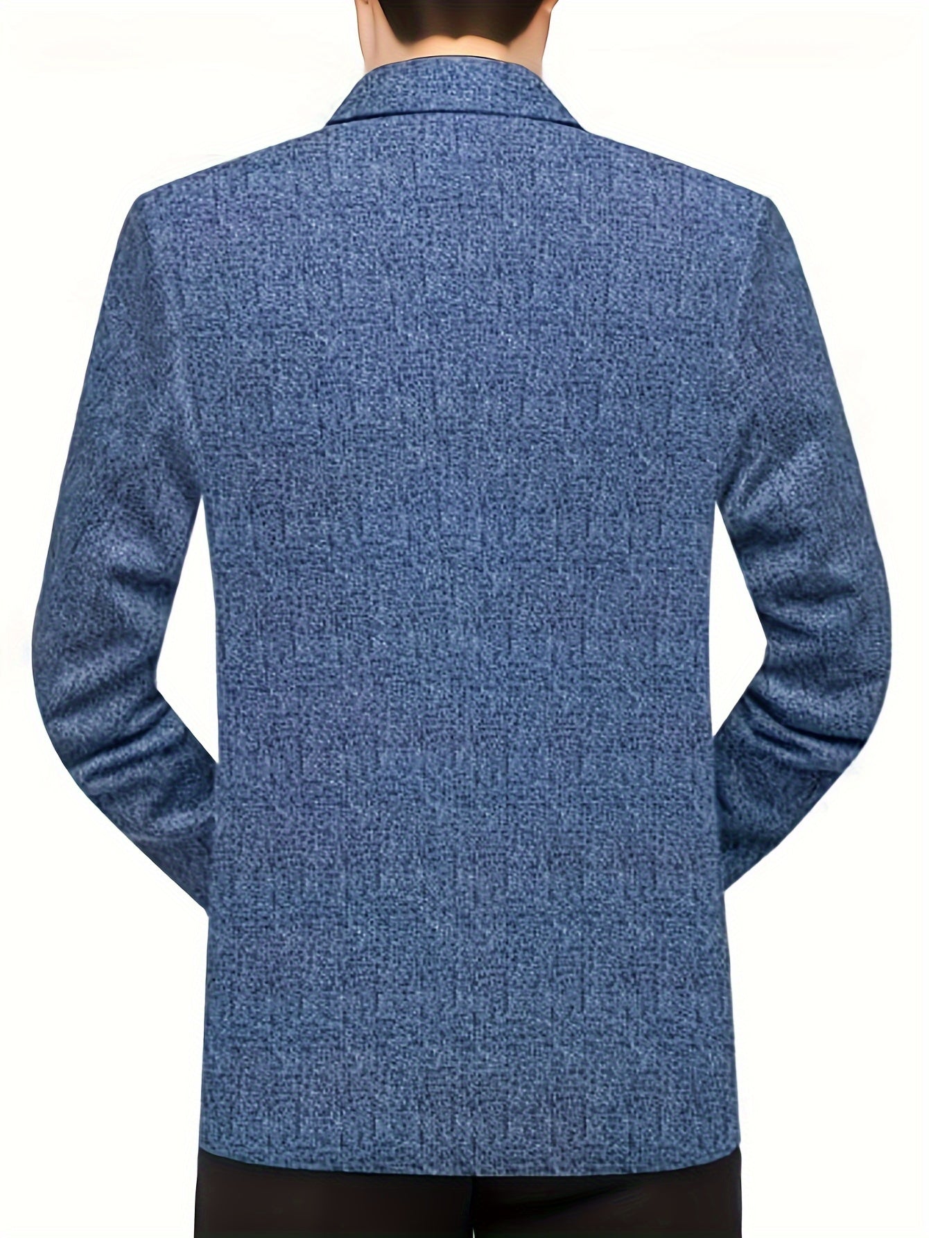 Blazer casual de negocios azul claro para hombre con cuello de solapa, mangas largas, bolsillos laterales, poliéster