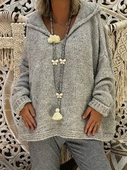 Women's Plus Size Solid Color Hooded Sweater Polyester Pullover with Ribbed Details