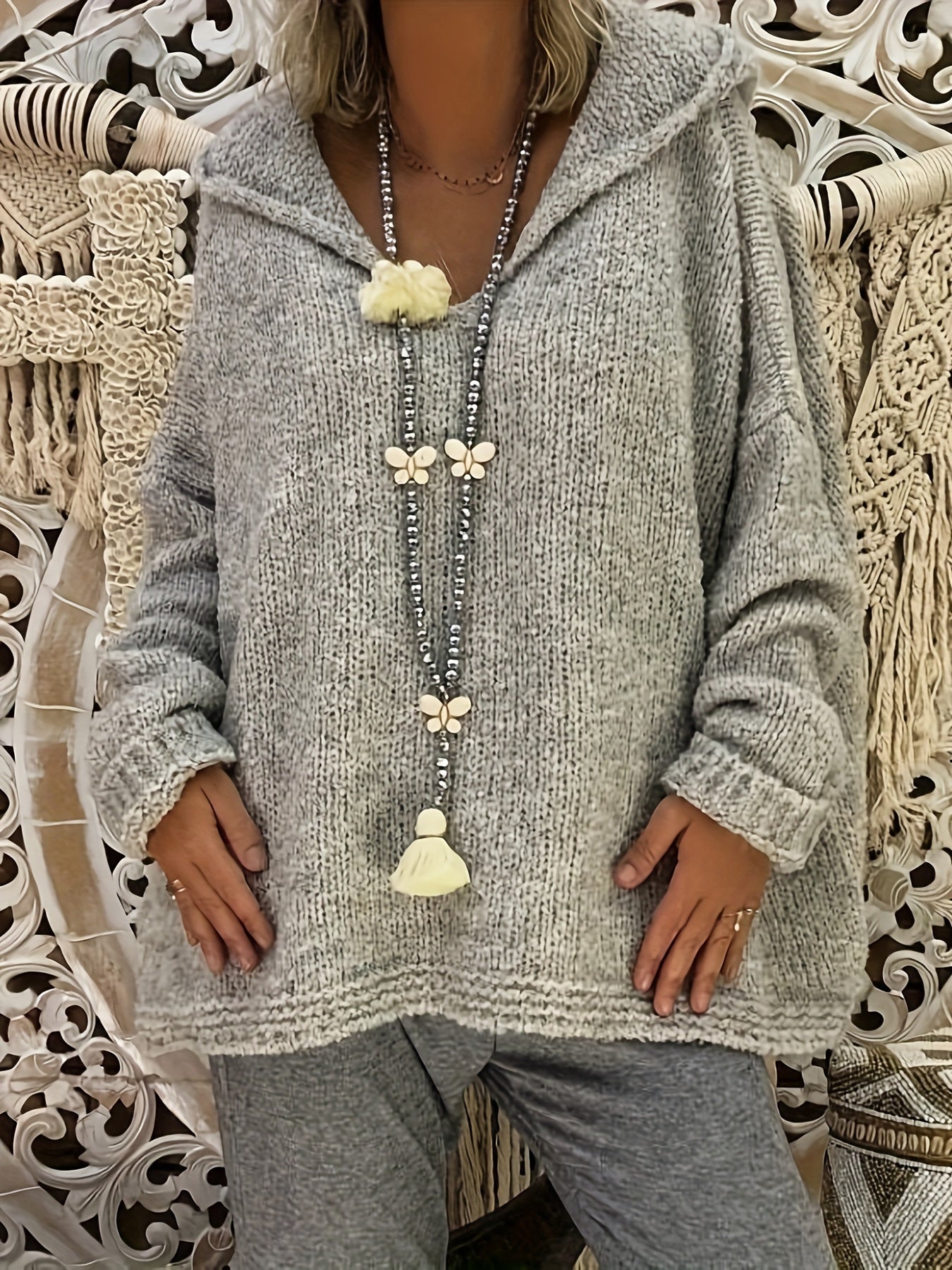Women's Plus Size Solid Color Hooded Sweater Polyester Pullover with Ribbed Details