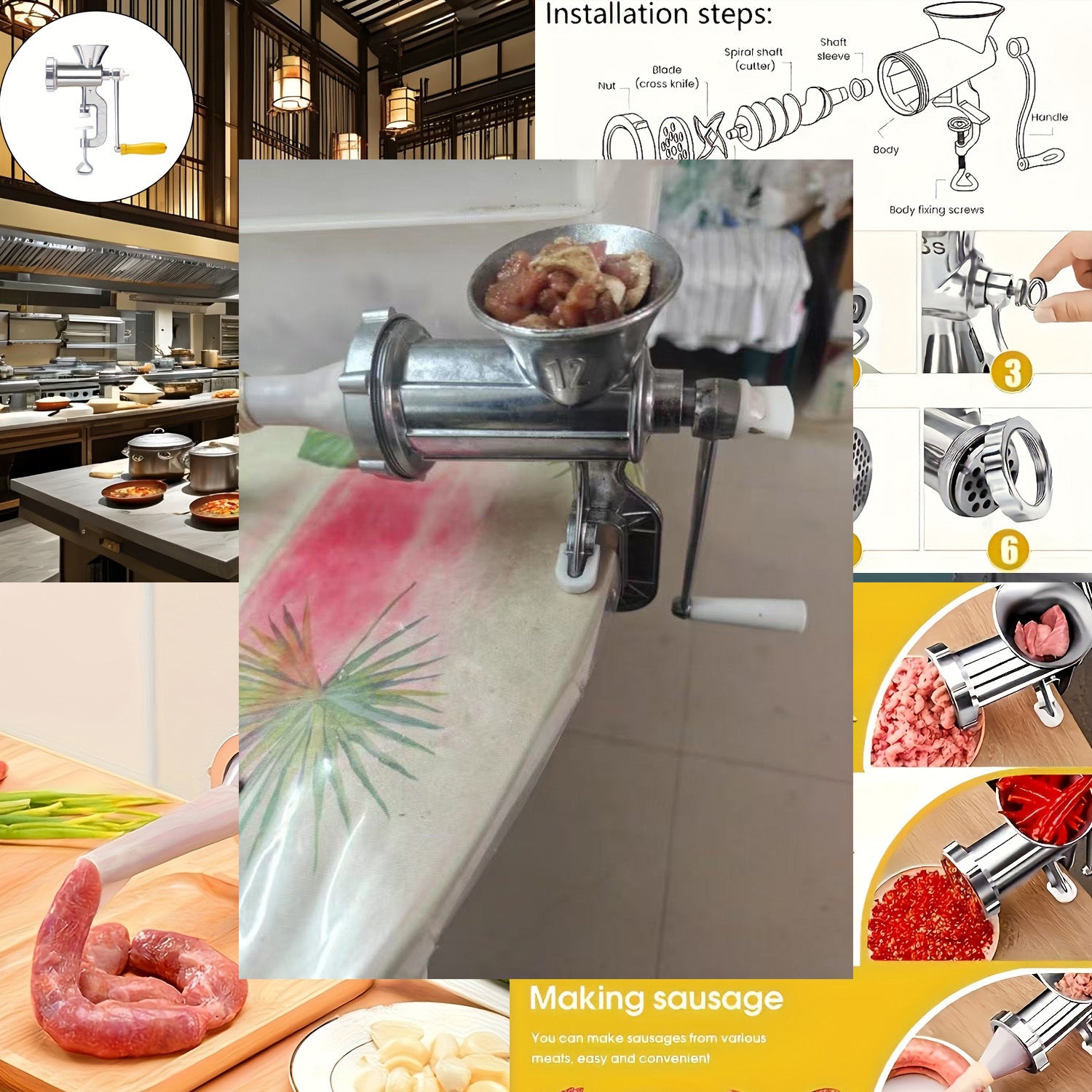 Molino de carne manual con abrazaderas para mesa, aluminio, de mano, para carne y verduras