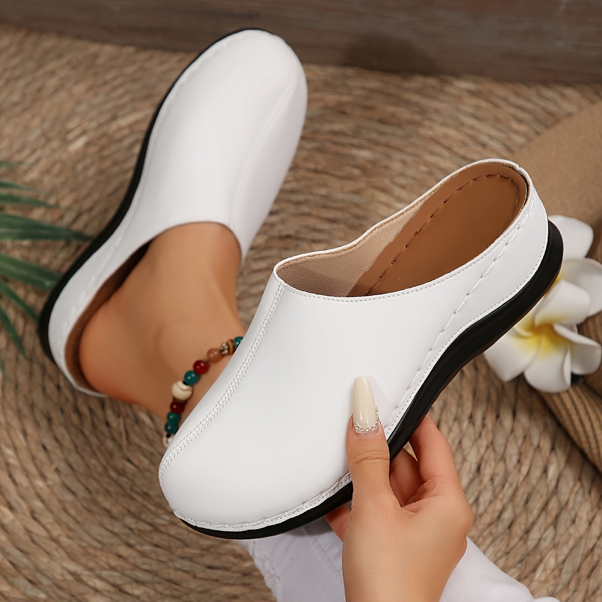 Women's Summer Slip-On Mules White Synthetic Rubber Sole Breathable Comfort