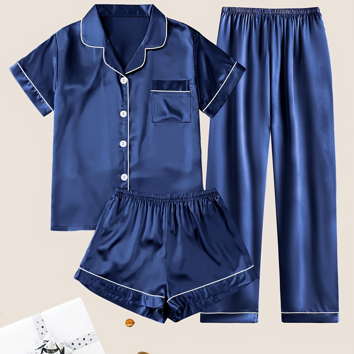 Women's Satin Pajama Set Short Sleeve Button Top Shorts or Pants Casual Sleepwear