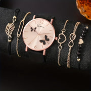 Set of 6 Women's Casual Butterfly Quartz Watches with Leather Bands and Matching Bracelets