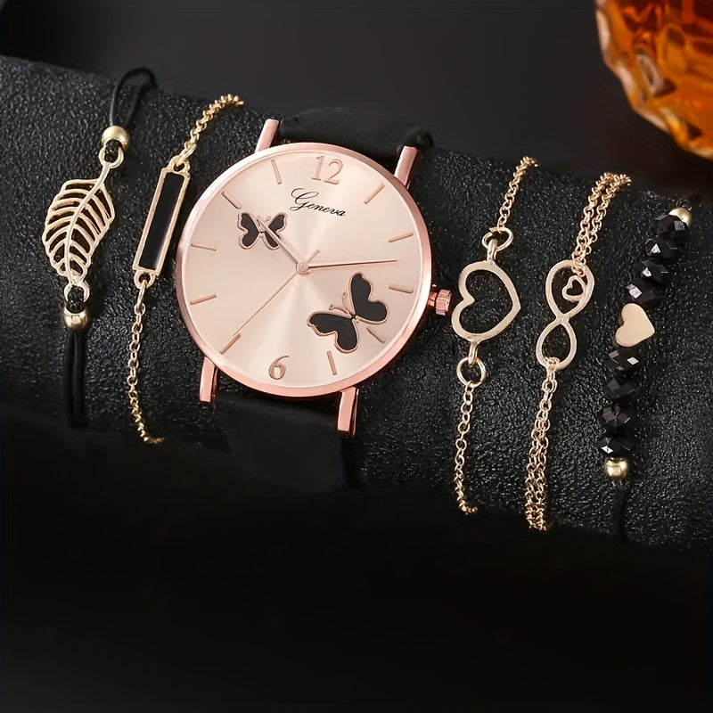 Set of 6 Women's Casual Butterfly Quartz Watches with Leather Bands and Matching Bracelets