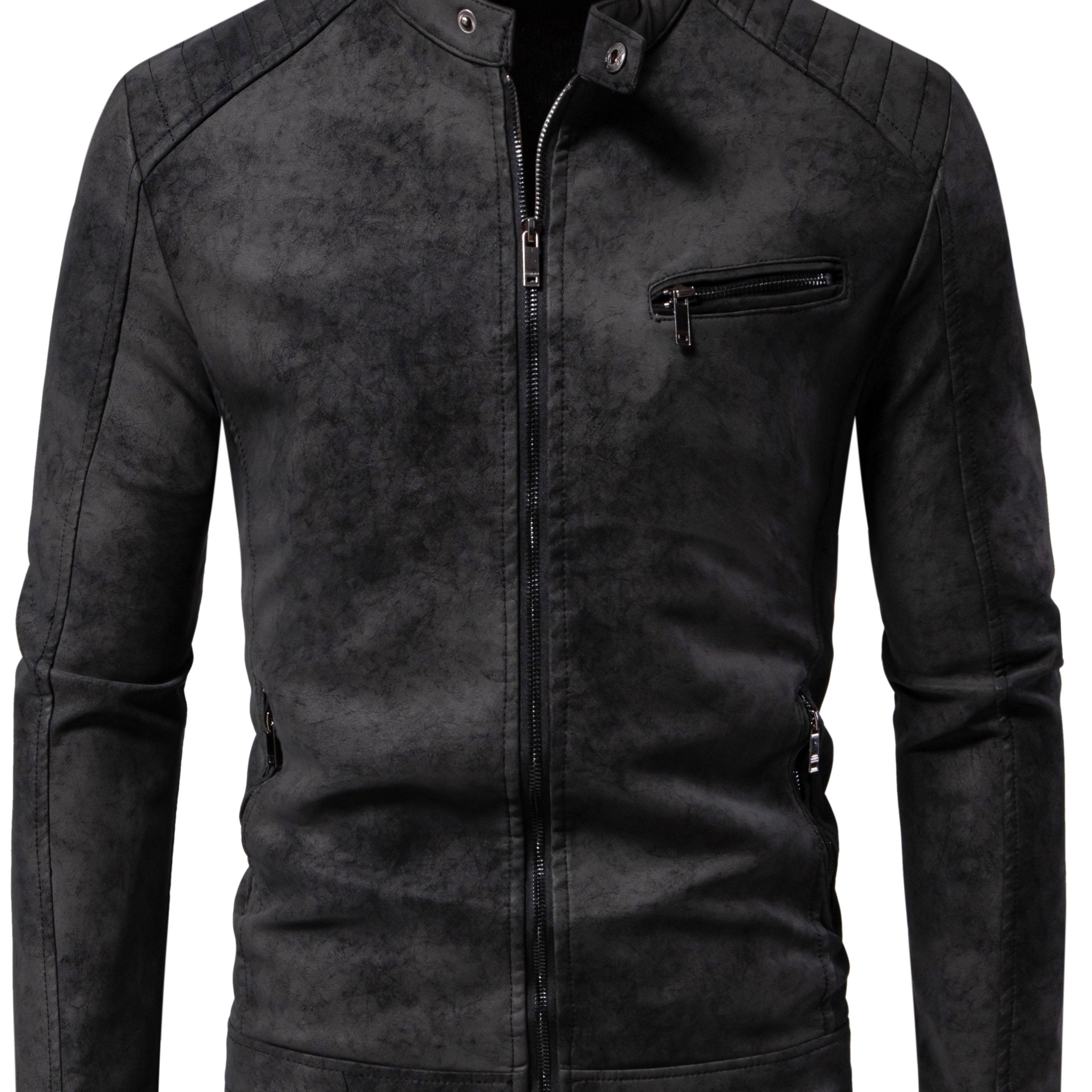 Erkaklar uchun vintage uslubidagi sun'iy charm kurtka, turli xil yenglar, zip-up yopilishi va polyester astar bilan.