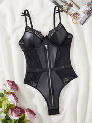 Women's Lace-Trimmed PU Bodysuit Backless Stretchy Non-Transparent