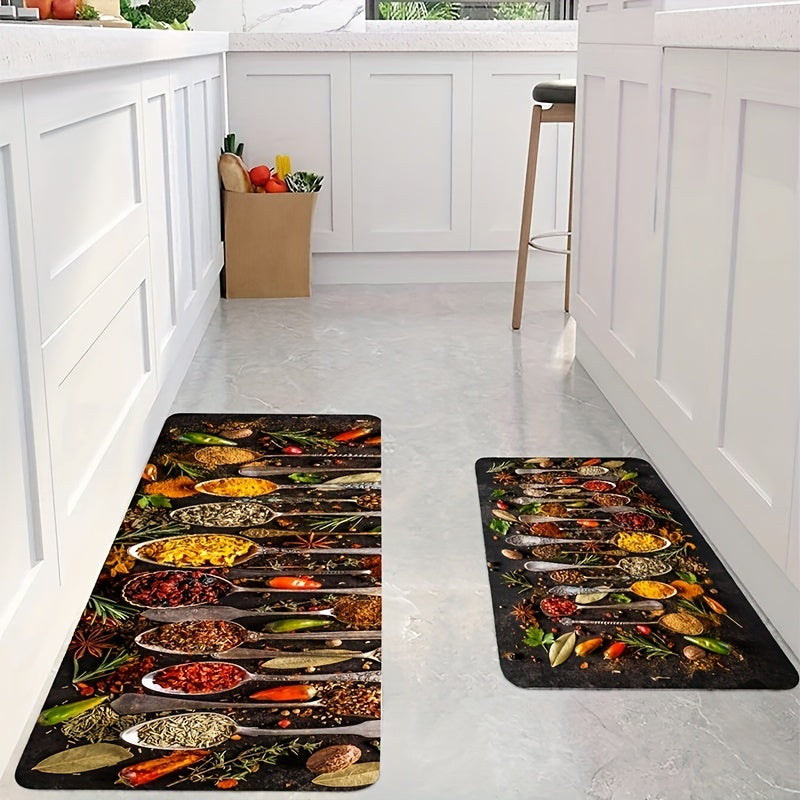 Spices and Cutlery Patterned Non-Slip Kitchen Floor Rug for Home Decor