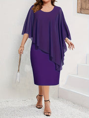 Plus Size Purple Midi Dress with Asymmetrical Cape Sleeves V-Neck Stretchy Polyester