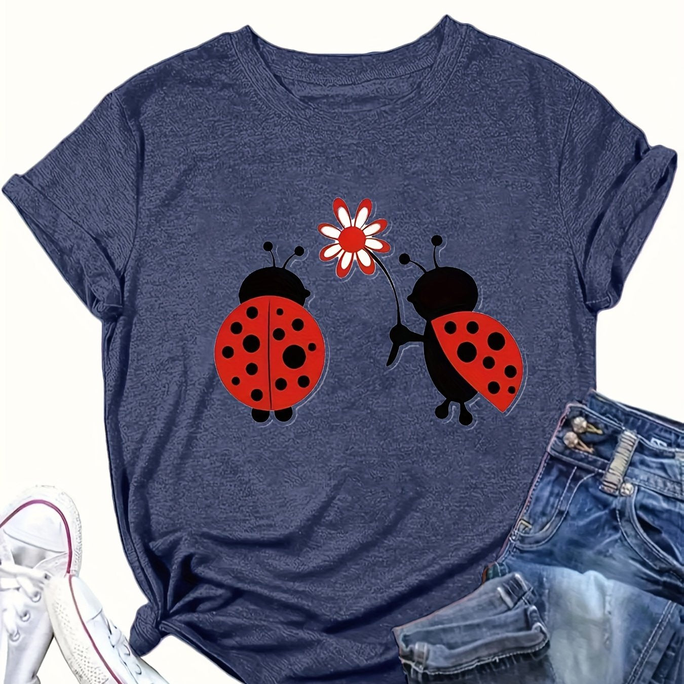 Women’s Plus Size Ladybug Print T-Shirt Casual Crew Neck Knit Top