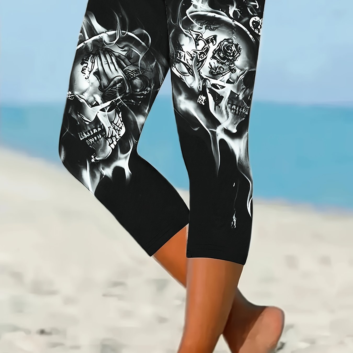 Women's High-Waisted Yoga Leggings with Skull and Floral Print Stretchy Non-See-Through