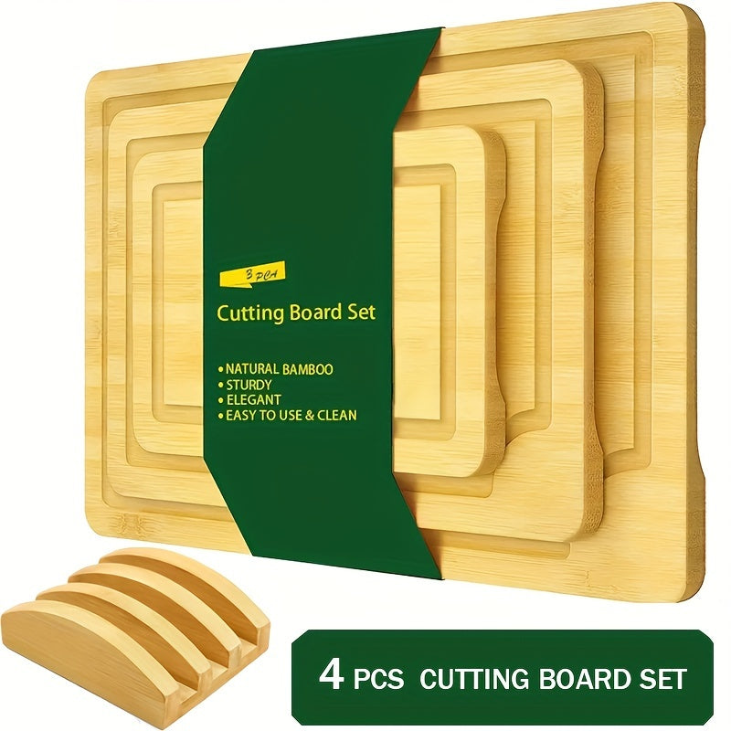 Set of 4 Bamboo Cutting Boards with Holder for Fruits Vegetables and Meats