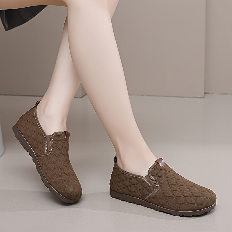 Women's Slip-On Loafers with Soft Sole and Quilted Brown Fabric