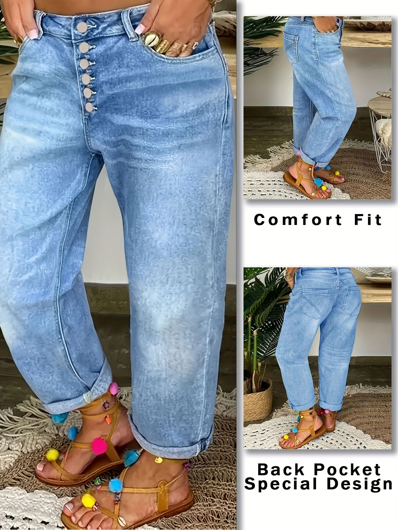 Plus Size Women's Stretch Denim Straight Jeans Blue Casual Pants