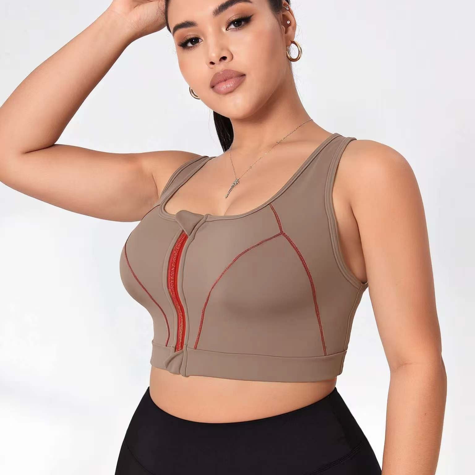 Plus Size Women Sports Bra with Front Zipper High Support Removable Pads