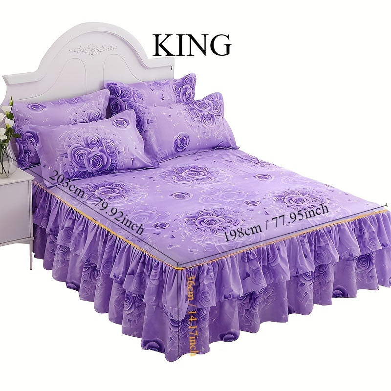Set of 3 Tropical Floral Bedding Set with Lace Bed Skirt and Pillowcases Ruffled Edges Purple