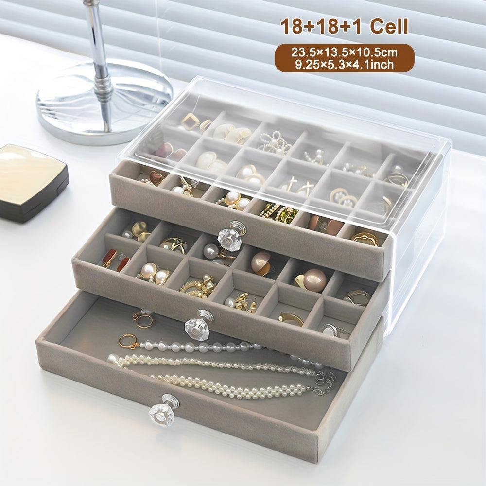 Organizador de joyas de acrílico con cajón de forro suave para collares, pendientes y anillos, azul claro y rosa