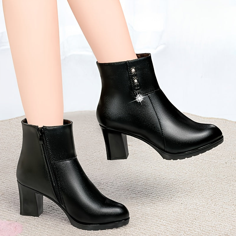 Women's Black Faux Leather Ankle Boots with Chunky Heel and Zipper
