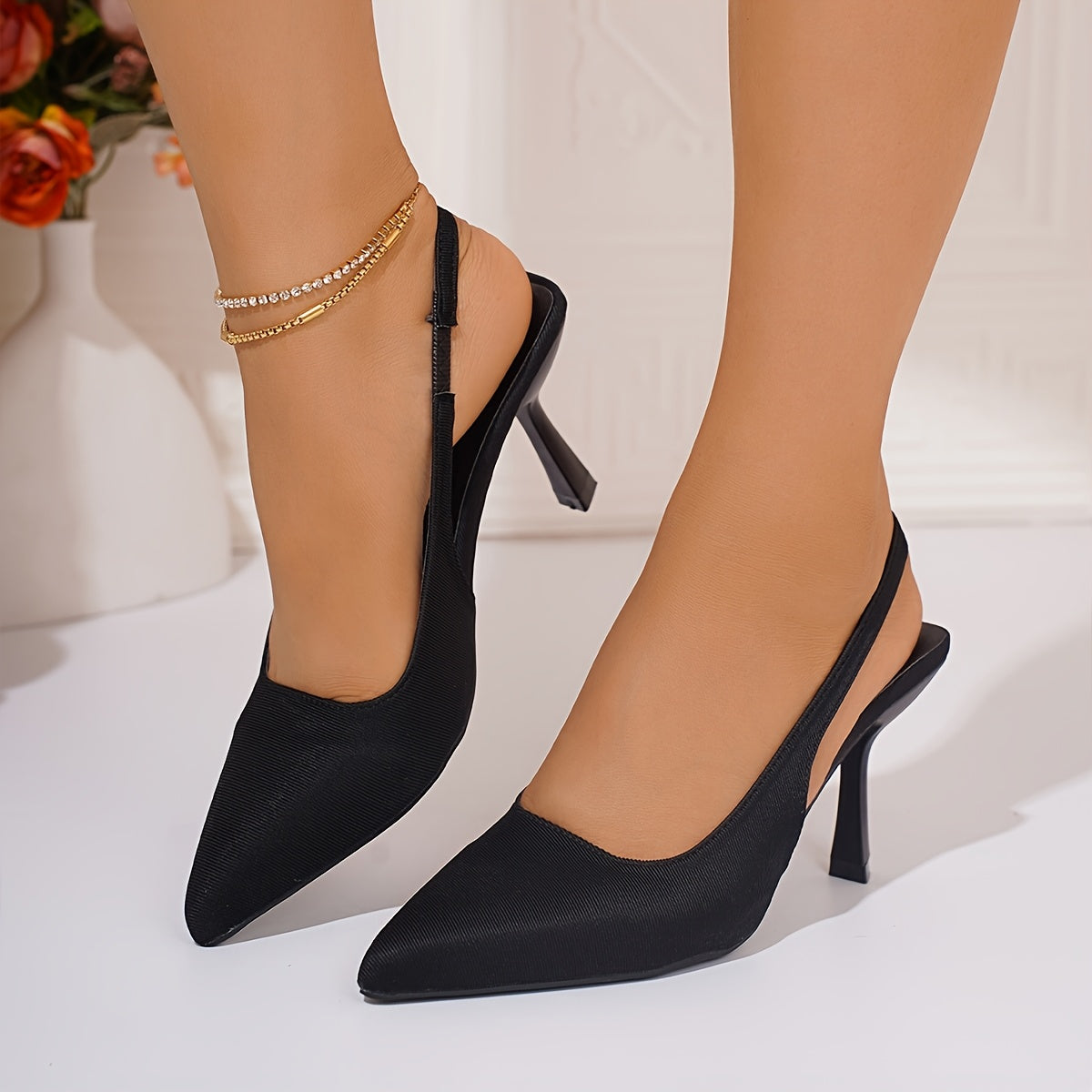 Women's Black Pointed Toe Stiletto Heels with Ankle Strap