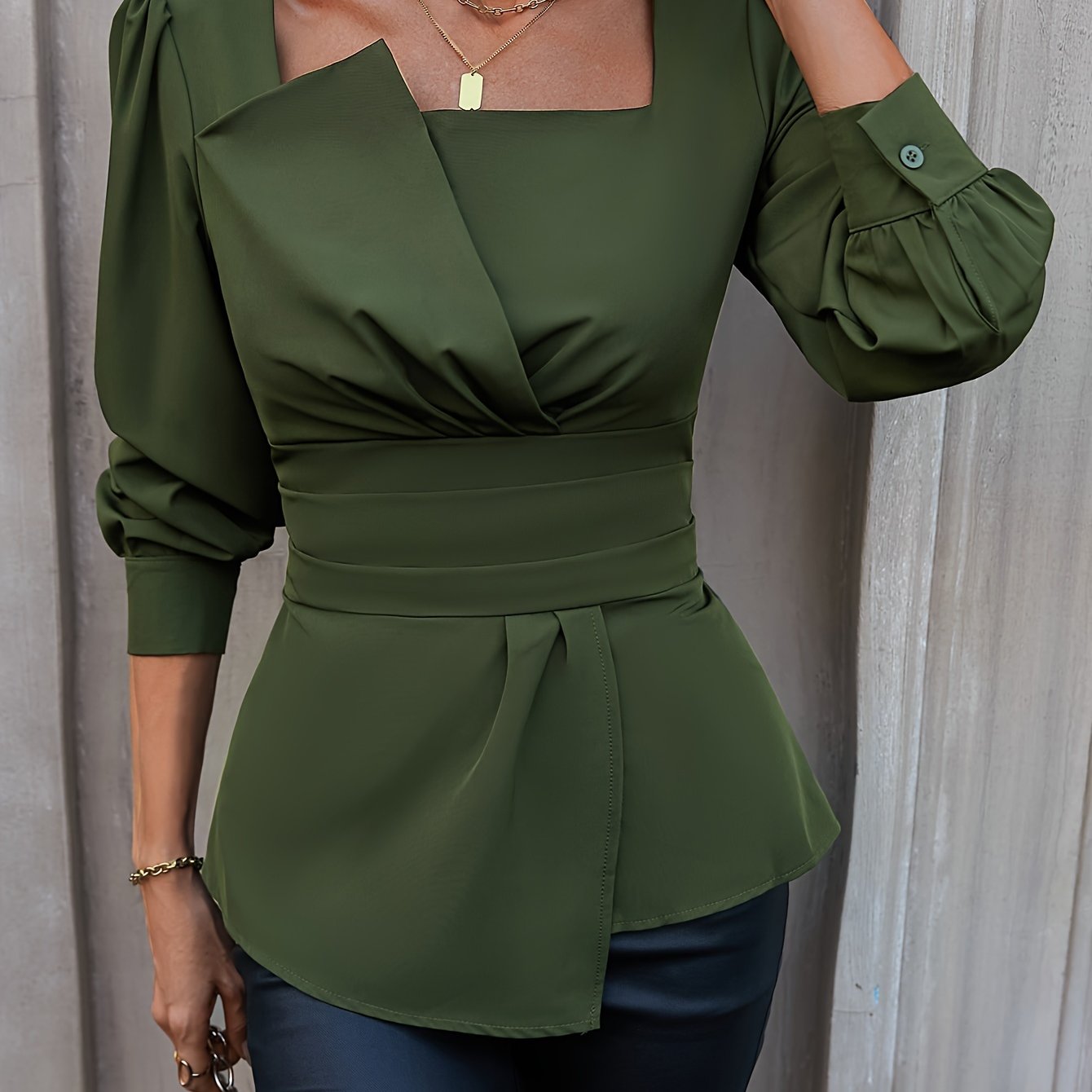 Women's Olive Green Blouse with Square Neck Puff Sleeves Asymmetric Hem for Spring Summer