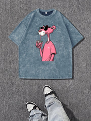 Футболка с винтажной стиркой для женщин с принтом Розовой пантеры.