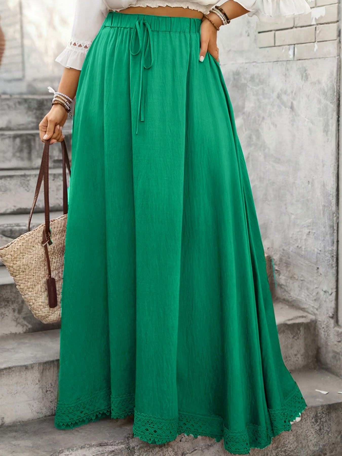 Falda midi de línea A para mujer talla grande con dobladillo de encaje, de tiro alto y color sólido