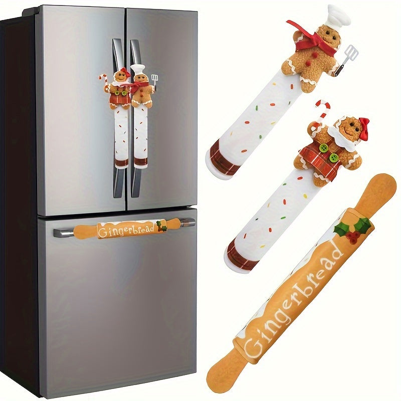 Set of Three Christmas Gingerbread Refrigerator Door Handle Covers Kitchen Decor
