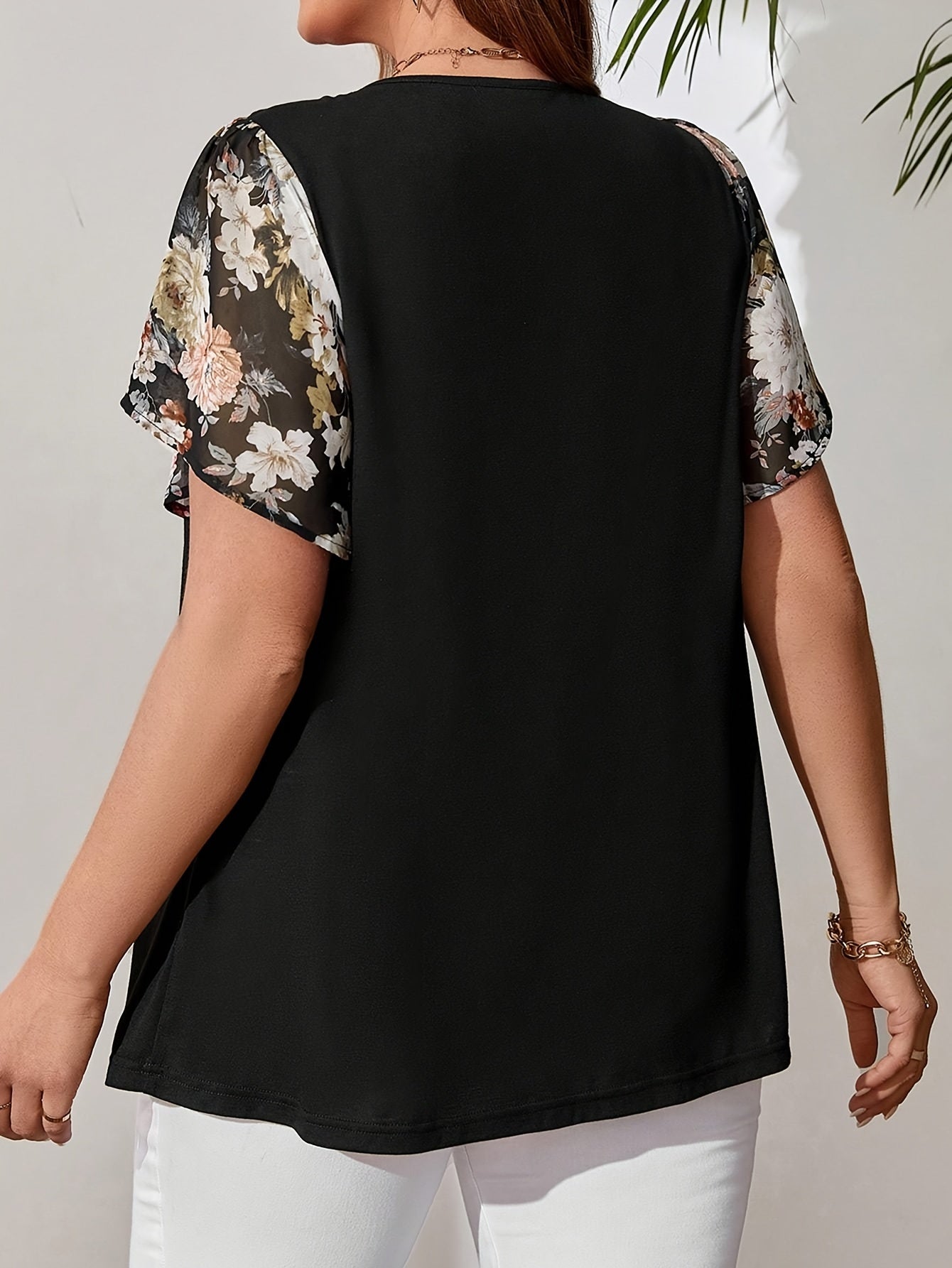 Plus Size Women's Black Floral Blouse with Tie-Front and Butterfly Sleeves