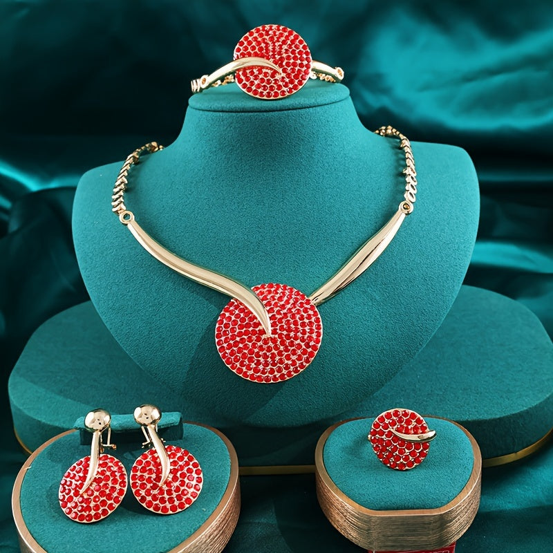 Gold-Plated Jewelry Set with Vibrant Crystals Necklace Bracelet Earrings Ring for Weddings and Gifts