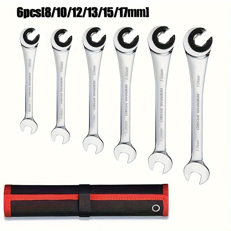 6-Piece Fixed Head Tubing Ratchet Wrench Set Open End Automotive Hand Tools