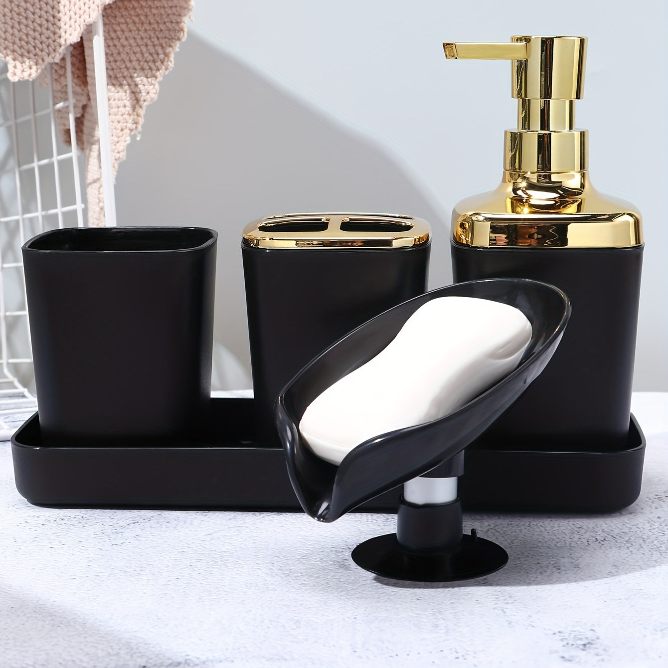 Black Bathroom Accessories Set with Lotion Dispenser Toothbrush Holder and Soap Dish