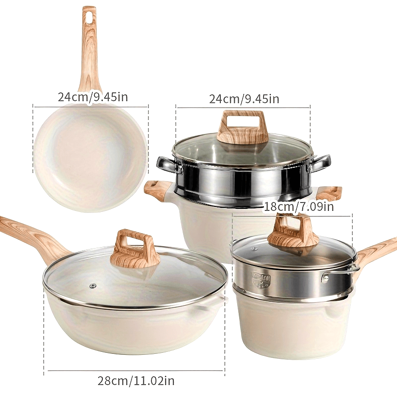 Juego de utensilios de cocina antiadherentes de 4 piezas en color beige con sartenes para bistec, huevos y panqueques