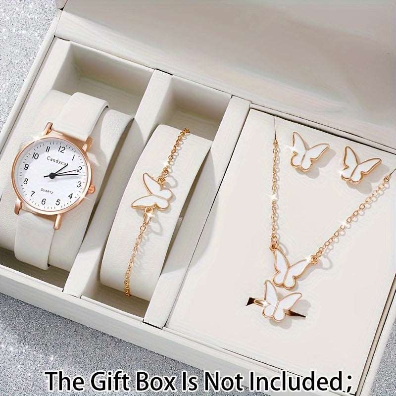 Ladies Fashion Quartz Watch Ring Necklace Set with Faux Leather Straps and Gift Box