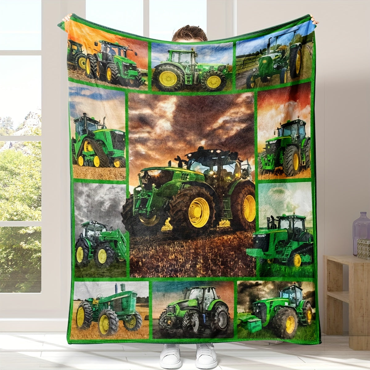 Flannel Farm Tractor Printed Blanket Shawl - Soft and Skin-Friendly Throw Blanket for Casual Sofa Use or Nap Time, Perfect as a Multi-Purpose Gift Blanket.