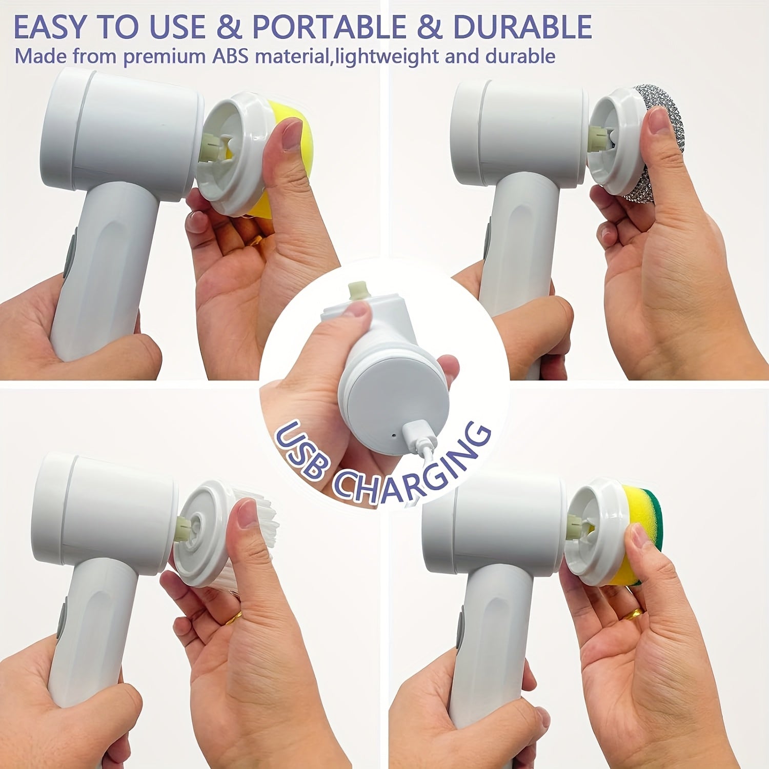 Cordless electric spin scrubber with 5 brush heads for cleaning tasks